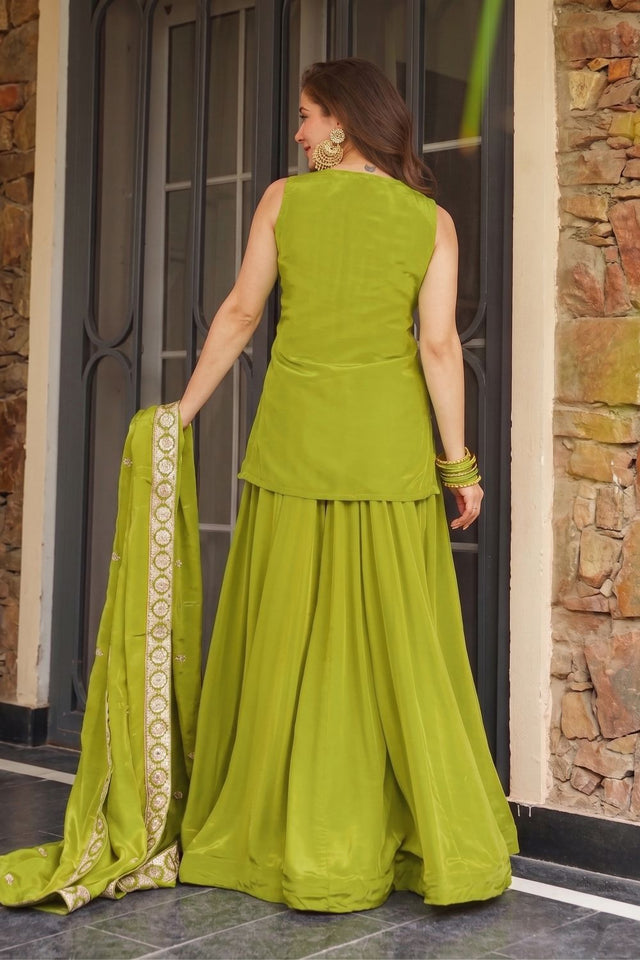 Green Floral Embroidered Silk Sharara Suit (ACB2027)