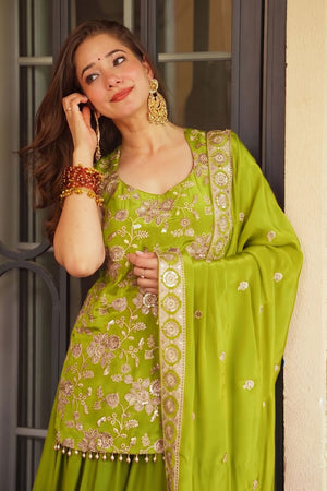 Green Floral Embroidered Silk Sharara Suit (ACB2027)