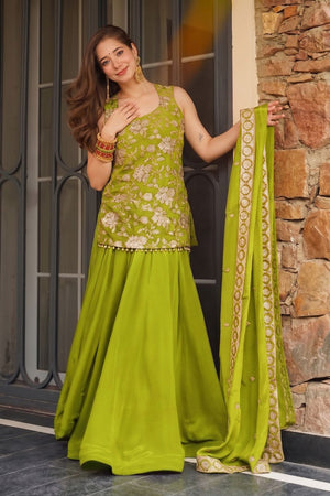 Green Floral Embroidered Silk Sharara Suit (ACB2027)