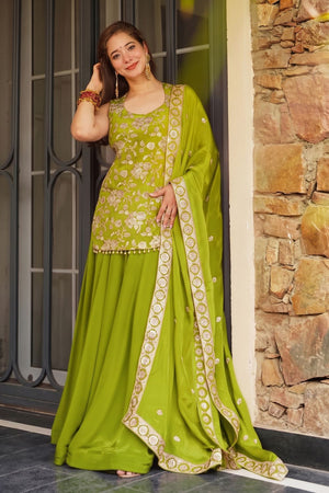 Green Floral Embroidered Silk Sharara Suit (ACB2027)