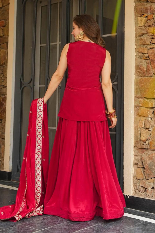 Red Floral Embroidered Silk Sharara Suit (ACB2028)