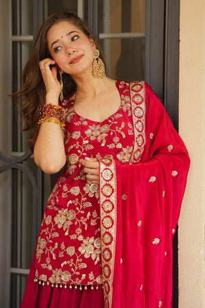 Red Floral Embroidered Silk Sharara Suit (ACB2028)