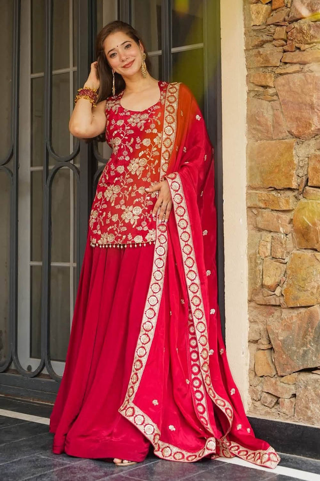Red Floral Embroidered Silk Sharara Suit (ACB2028)