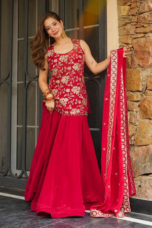 Red Floral Embroidered Silk Sharara Suit (ACB2028)