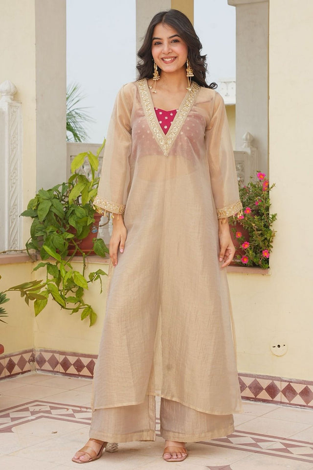 Beige Floral Embroidered Tissue Sharara Suit (ACB2029)