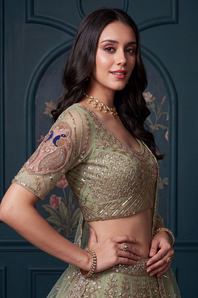 Green Beads Embossed Net Lehenga (ACB2040)