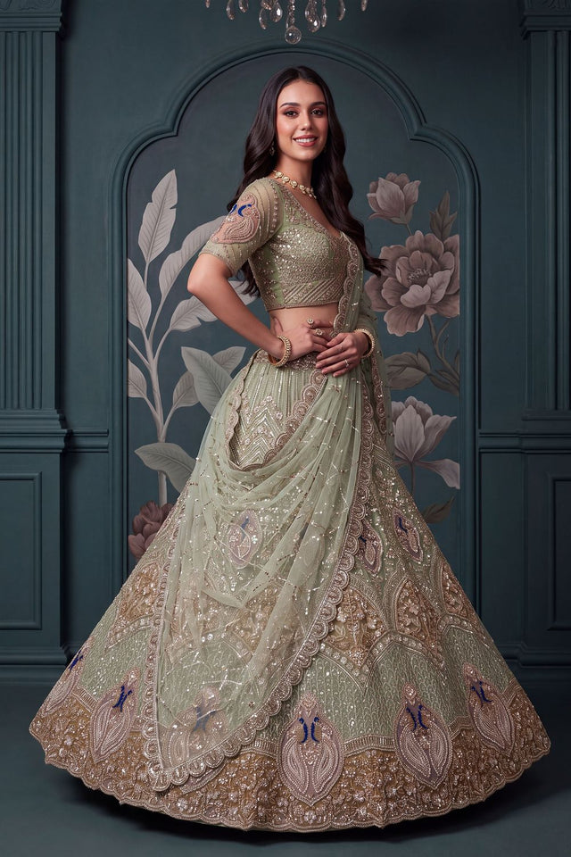 Green Beads Embossed Net Lehenga (ACB2040)