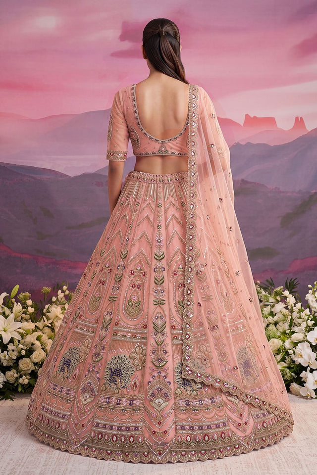 Peach Beads Embossed Net Lehenga (ACB2043)