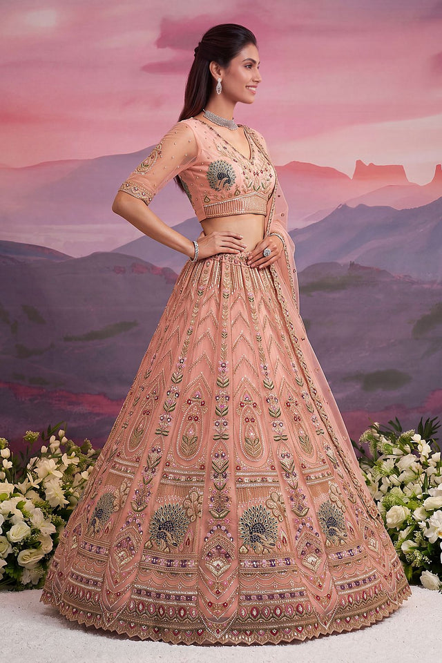 Peach Beads Embossed Net Lehenga (ACB2043)