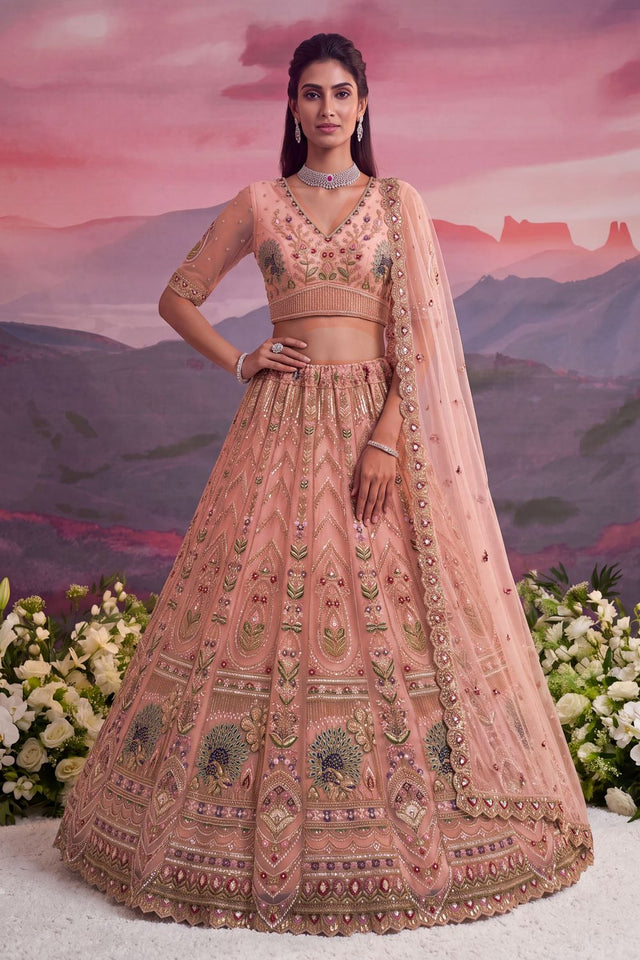 Peach Beads Embossed Net Lehenga (ACB2043)