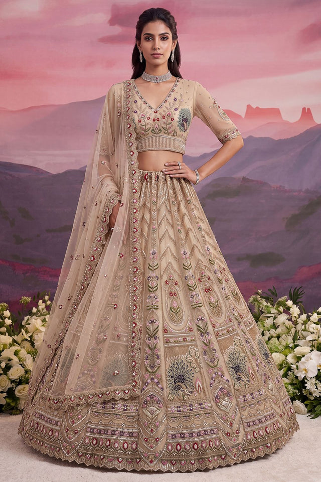 Brown Beads Embossed Net Lehenga (ACB2044)
