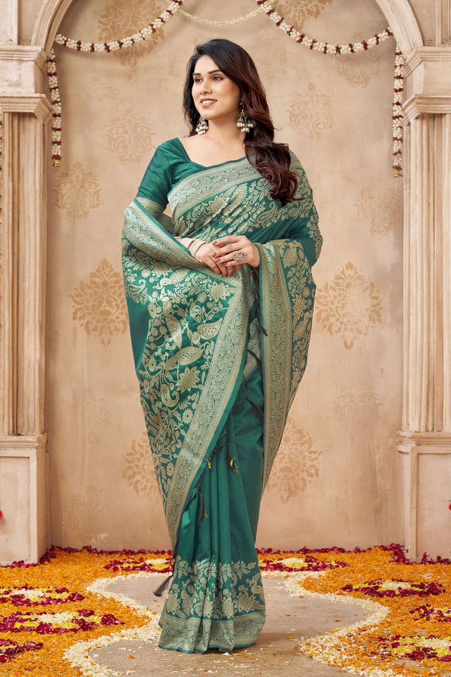 Green Floral Woven Silk Saree (ACB2045)