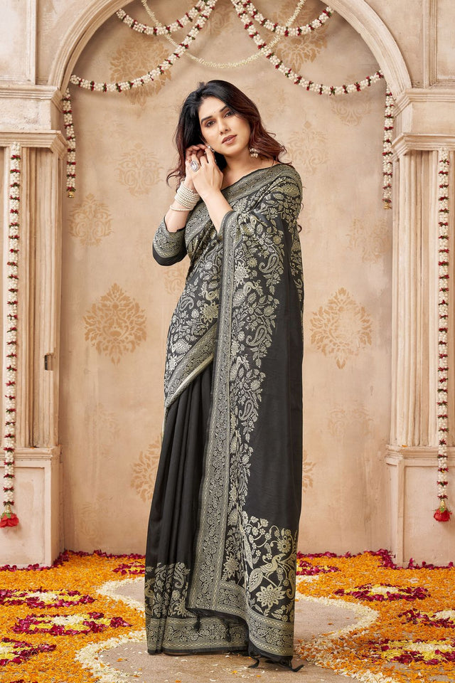 Black Floral Woven Silk Saree (ACB2046)