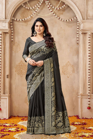 Black Floral Woven Silk Saree (ACB2046)