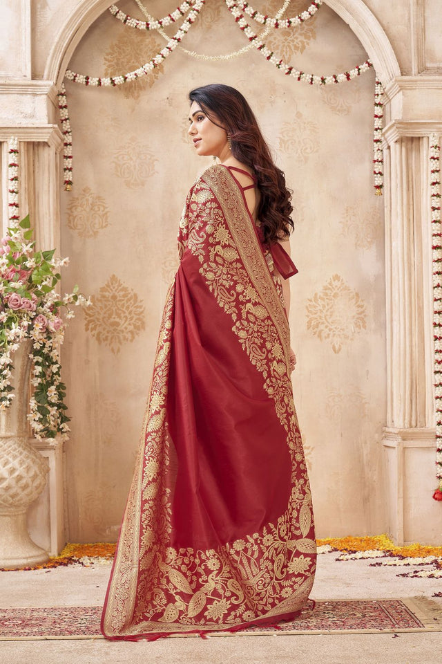 Maroon Floral Woven Silk Saree (ACB2050)
