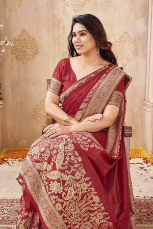 Maroon Floral Woven Silk Saree (ACB2050)