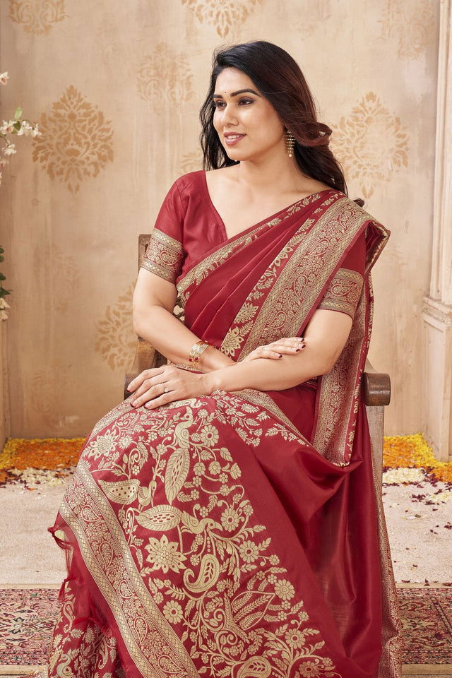 Maroon Floral Woven Silk Saree (ACB2050)