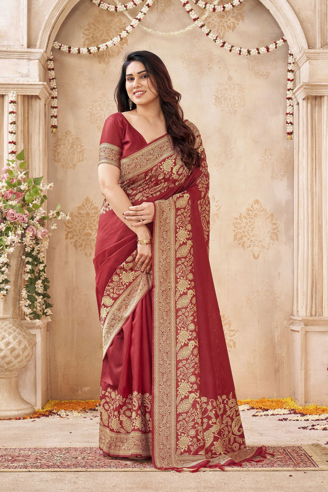 Maroon Floral Woven Silk Saree (ACB2050)