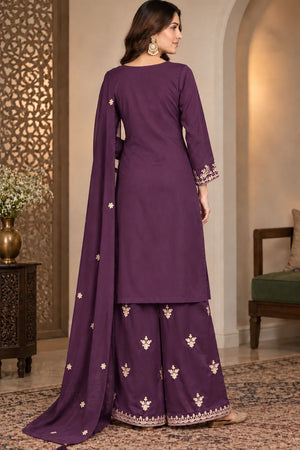 Purple Floral Embroidered Chinon Free Size Stitched Palazzo Suit (ACB2063)
