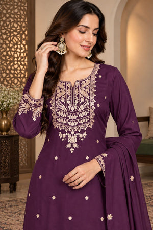 Purple Floral Embroidered Chinon Free Size Stitched Palazzo Suit (ACB2063)