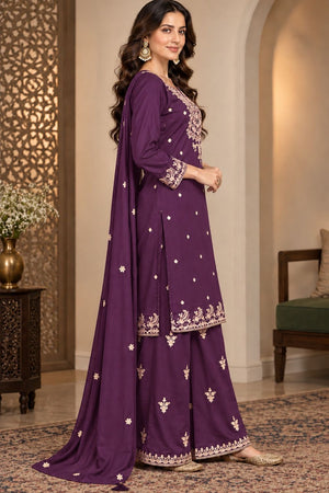 Purple Floral Embroidered Chinon Free Size Stitched Palazzo Suit (ACB2063)