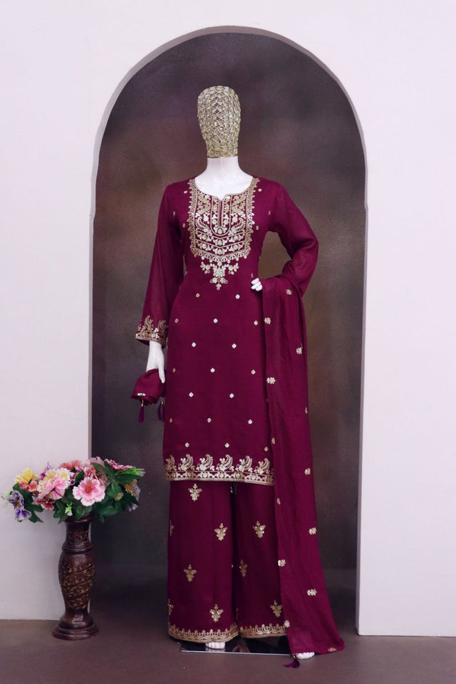 Purple Floral Embroidered Chinon Free Size Stitched Palazzo Suit (ACB2063)