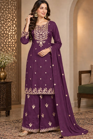 Purple Floral Embroidered Chinon Free Size Stitched Palazzo Suit (ACB2063)