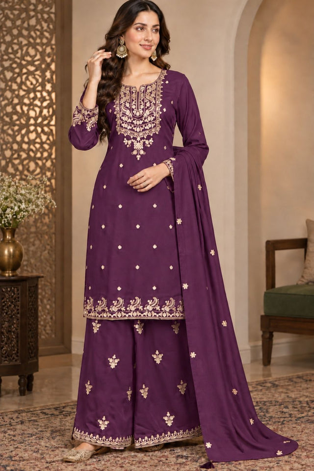 Purple Floral Embroidered Chinon Free Size Stitched Palazzo Suit (ACB2063)