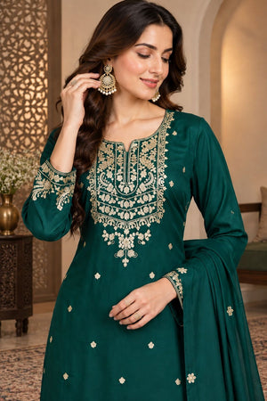Green Floral Embroidered Chinon Free Size Stitched Palazzo Suit (ACB2064)