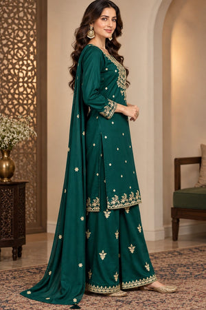 Green Floral Embroidered Chinon Free Size Stitched Palazzo Suit (ACB2064)