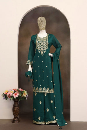 Green Floral Embroidered Chinon Free Size Stitched Palazzo Suit (ACB2064)