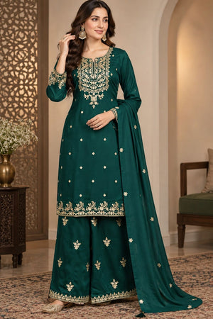 Green Floral Embroidered Chinon Free Size Stitched Palazzo Suit (ACB2064)
