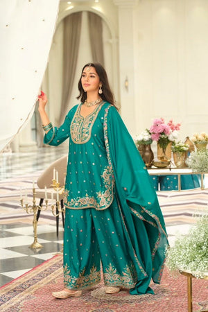 Turquoise Floral Embroidered Chinon Free Size Stitched Palazzo Suit (ACB2065)