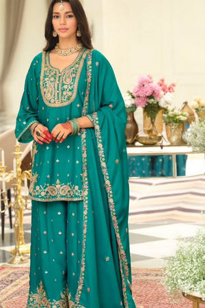 Turquoise Floral Embroidered Chinon Free Size Stitched Palazzo Suit (ACB2065)