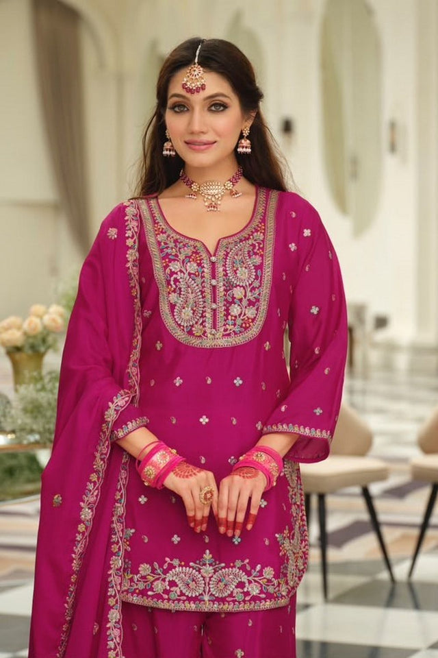Pink Floral Embroidered Chinon Free Size Stitched Palazzo Suit (ACB2066)