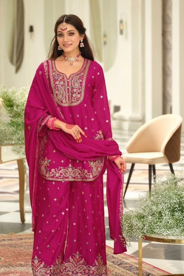Pink Floral Embroidered Chinon Free Size Stitched Palazzo Suit (ACB2066)