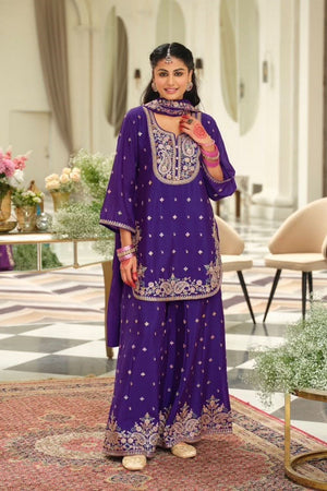 Purple Floral Embroidered Chinon Free Size Stitched Palazzo Suit (ACB2067)