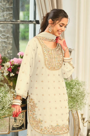 White Floral Embroidered Chinon Free Size Stitched Palazzo Suit (ACB2068)