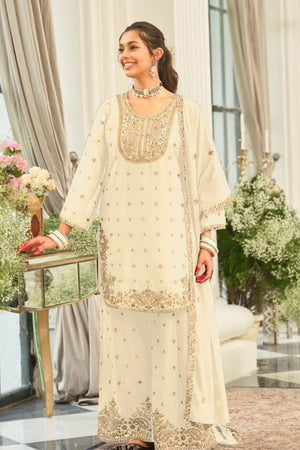 White Floral Embroidered Chinon Free Size Stitched Palazzo Suit (ACB2068)