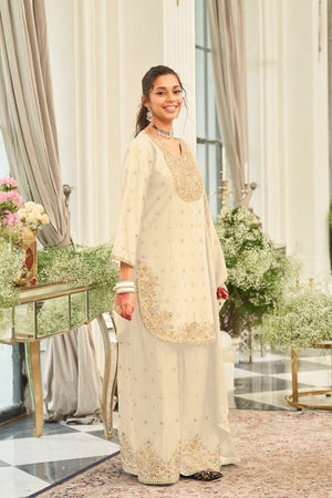 White Floral Embroidered Chinon Free Size Stitched Palazzo Suit (ACB2068)