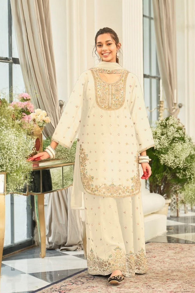White Floral Embroidered Chinon Free Size Stitched Palazzo Suit (ACB2068)