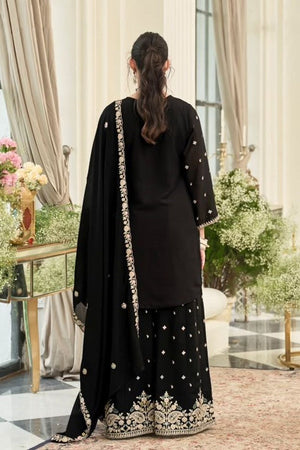 Black Floral Embroidered Chinon Free Size Stitched Palazzo Suit (ACB2069)