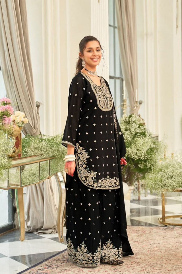 Black Floral Embroidered Chinon Free Size Stitched Palazzo Suit (ACB2069)