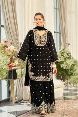 Black Floral Embroidered Chinon Free Size Stitched Palazzo Suit (ACB2069)