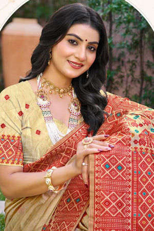 Beige & Red Woven Silk Saree (ACB2076)