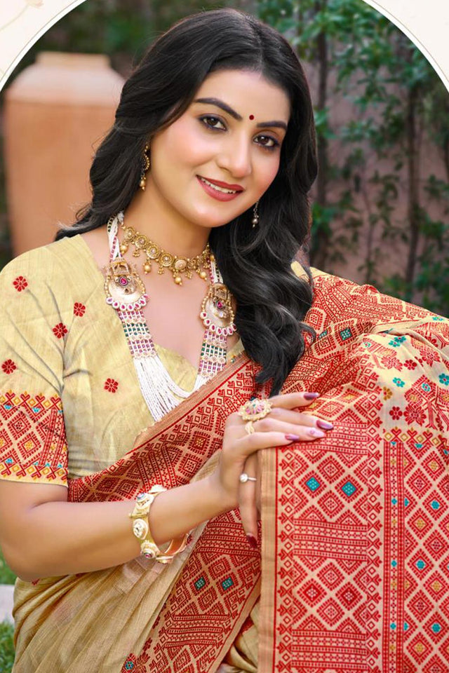 Beige & Red Woven Silk Saree (ACB2076)