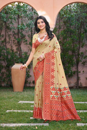 Beige & Red Woven Silk Saree (ACB2076)