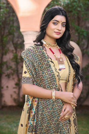 Beige & Black Woven Silk Saree (ACB2077)