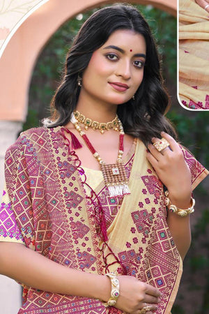 Beige & Pink Woven Silk Saree (ACB2078)
