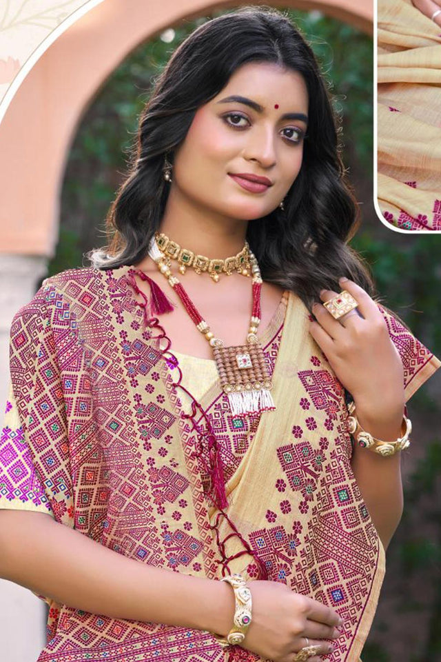 Beige & Pink Woven Silk Saree (ACB2078)